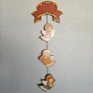Angel Wood Wall Hanging Hand‎ Painted Tole Vtg Christmas JOY Angels Handmade